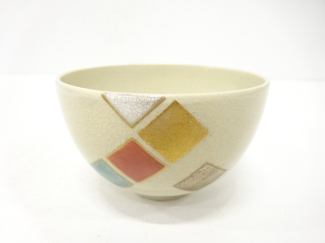 JAPANESE TEA CEREMONY / TEA BOWL CHAWAN / KINSAI IROE / SHIKISHI PATTERN